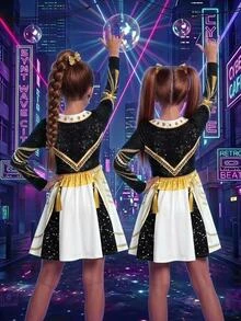 SHEIN 兒童女童韓風 K-Pop 圓領長袖洋裝，適合假期表演、嘉年華、萬聖節 - 彩色 - 查看 3