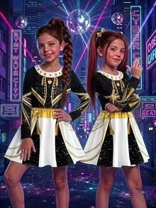 SHEIN 兒童女童韓風 K-Pop 圓領長袖洋裝，適合假期表演、嘉年華、萬聖節 - 彩色 - 查看 2
