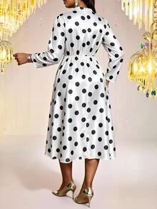 Fleurora Plus Size Women's Polka Dot Print Notch V-Neck Long Sleeve Elegant Dress Fall - Black and White - View 2