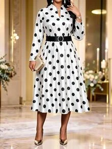Fleurora Plus Size Women's Polka Dot Print Notch V-Neck Long Sleeve Elegant Dress Fall - Black and White - View 4