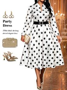 Fleurora Plus Size Women's Polka Dot Print Notch V-Neck Long Sleeve Elegant Dress Fall - Black and White - View 6