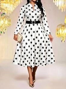 Fleurora Plus Size Women's Polka Dot Print Notch V-Neck Long Sleeve Elegant Dress Fall - Black and White - View 1