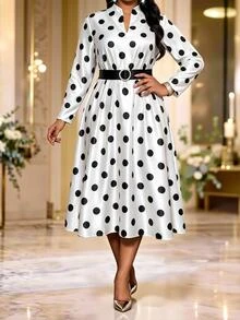 Fleurora Plus Size Women's Polka Dot Print Notch V-Neck Long Sleeve Elegant Dress Fall - Black and White - View 5
