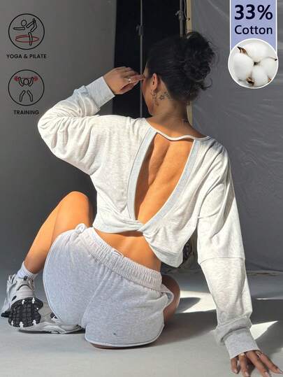 Slayform Retro Casual Sports Gray Heather Boat Neck Raglan Sleeve Short Sweatshirt, Hollow Backless Long-Sleeved Yoga Top, Autumn Outdoor Top, Sportswear