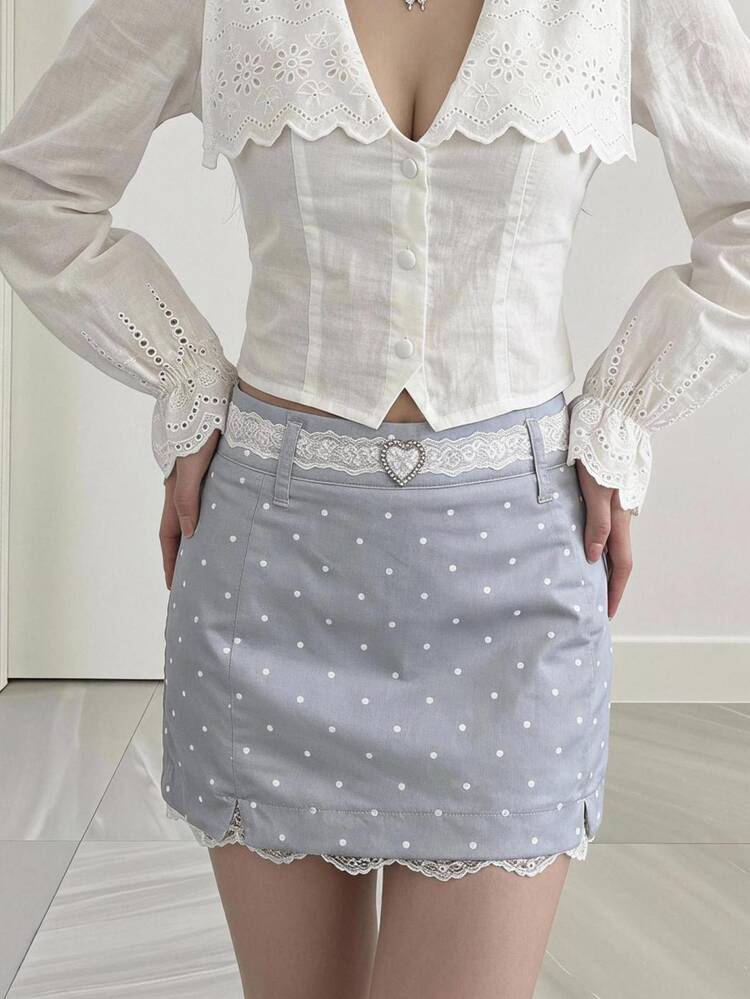 Sweetina Fitted Light Grey Print Lace Trim Mini Skirt Brunch Autumn Y2k Cute - Grey - View 7