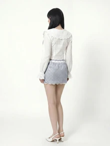Sweetina Fitted Light Grey Print Lace Trim Mini Skirt Brunch Autumn Y2k Cute - Grey - View 3