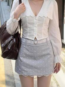Sweetina Fitted Light Grey Print Lace Trim Mini Skirt Brunch Autumn Y2k Cute - Grey - View 2