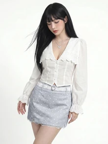 Sweetina Fitted Light Grey Print Lace Trim Mini Skirt Brunch Autumn Y2k Cute - Grey - View 4