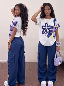 SHEIN 美式青少年女孩風格套裝 加州元素 活力十足 度假休閒可愛街頭風 青少年舒適正式款 白色海軍藍 夏季 - 藏蓝色 - 查看 1