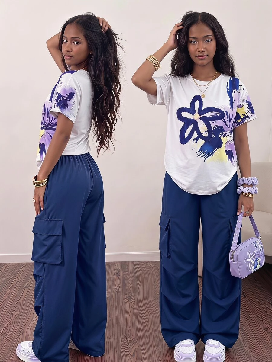 SHEIN 美式青少年女孩風格套裝 加州元素 活力十足 度假休閒可愛街頭風 青少年舒適正式款 白色海軍藍 夏季 - 藏蓝色 - 查看 1