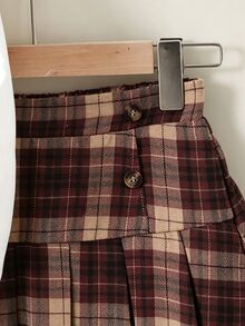SHEIN Reset Phase Tween Girls Fall Outfits 2pcs/Set 2 In 1 Long Sleeve Shirt And Plaid Pleated Skirt School Style Set, Fall, Vintage, Casual, Outfit, Daily - Burgundy - View 5