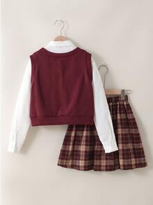 SHEIN Reset Phase Tween Girls Fall Outfits 2pcs/Set 2 In 1 Long Sleeve Shirt And Plaid Pleated Skirt School Style Set, Fall, Vintage, Casual, Outfit, Daily - Burgundy - View 2