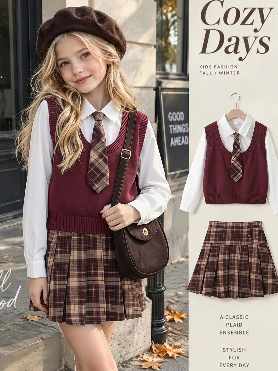 SHEIN Reset Phase Tween Girls Fall Outfits 2pcs/Set 2 In 1 Long Sleeve Shirt And Plaid Pleated Skirt School Style Set, Fall, Vintage, Casual, Outfit, Daily - Burgundy - View 1