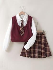 SHEIN Reset Phase Tween Girls Fall Outfits 2pcs/Set 2 In 1 Long Sleeve Shirt And Plaid Pleated Skirt School Style Set, Fall, Vintage, Casual, Outfit, Daily - Burgundy - View 6
