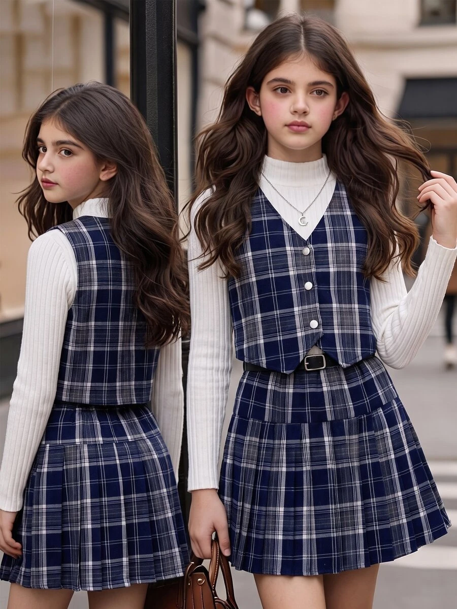 SHEIN 青少年女孩 3 件套:無袖鈕扣背心、高領寬羅紋長袖 T 恤、白色海軍藍百褶裙附腰帶,校園秋季穿搭 - 白色 - 查看 1