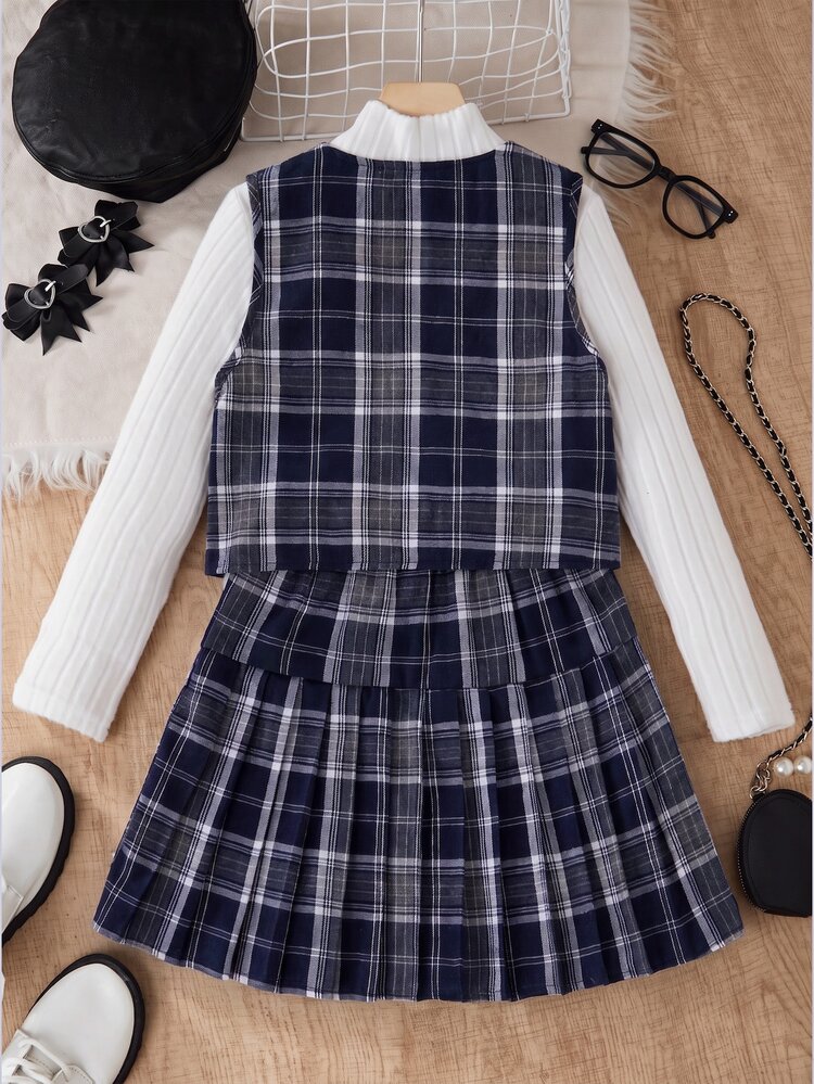 SHEIN Tween Girls 3 Pieces Set: Sleeveless Button-Up Vest, High Neck Wide Ribbed Long Sleeve T-Shirt, White Navy Blue Pleated Skirt With Belt School Fall - White - View 2