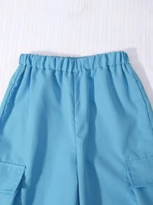SHEIN 青少年女孩長袖抓絨冬季花卉印花T恤與工裝褲套裝，度假穿搭，休閒舒適 - 淺藍色 - 查看 3