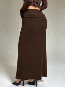 SHEIN PETITE Women's Vintage Sexy Pleated Fashion Skirt,Long Hip Hugging Skirt With Pleated Waist,For Vacation Night Party Dark Brown Fall,Petite - Brown - View 2