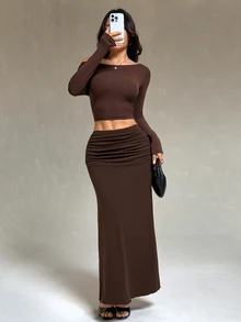 SHEIN PETITE Women's Vintage Sexy Pleated Fashion Skirt,Long Hip Hugging Skirt With Pleated Waist,For Vacation Night Party Dark Brown Fall,Petite - Brown - View 3