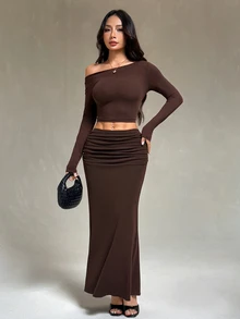 SHEIN PETITE Women's Vintage Sexy Pleated Fashion Skirt,Long Hip Hugging Skirt With Pleated Waist,For Vacation Night Party Dark Brown Fall,Petite - Brown - View 4