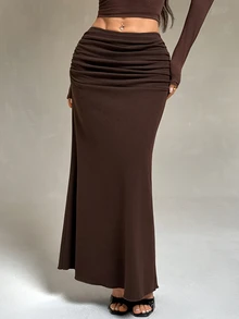 SHEIN PETITE Women's Vintage Sexy Pleated Fashion Skirt,Long Hip Hugging Skirt With Pleated Waist,For Vacation Night Party Dark Brown Fall,Petite - Brown - View 5