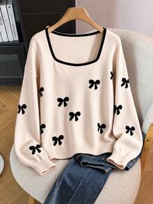 GlowEve CURVE Plus Size Women's Square Neck Bow Jacquard Versatile Pullover Sweater Top - Multicolor - View 3