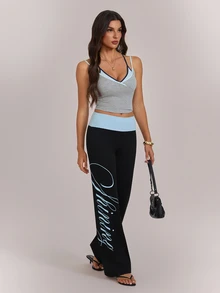 SHEIN Tall بنطلون طويل للنساء بطباعة حروف وألوان مناسب للمواعدة والعطلات والحفلات والشاطئ والرياضة والارتداء اليومي والتجمعات والأنشطة الخارجية والتنقل وأسلوب الشارع - الأسود - مشاهدة 8