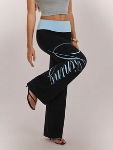 SHEIN Tall بنطلون طويل للنساء بطباعة حروف وألوان مناسب للمواعدة والعطلات والحفلات والشاطئ والرياضة والارتداء اليومي والتجمعات والأنشطة الخارجية والتنقل وأسلوب الشارع - الأسود - مشاهدة 5