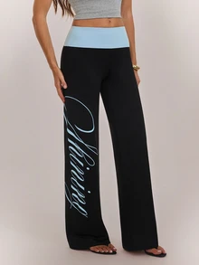 SHEIN Tall بنطلون طويل للنساء بطباعة حروف وألوان مناسب للمواعدة والعطلات والحفلات والشاطئ والرياضة والارتداء اليومي والتجمعات والأنشطة الخارجية والتنقل وأسلوب الشارع - الأسود - مشاهدة 6