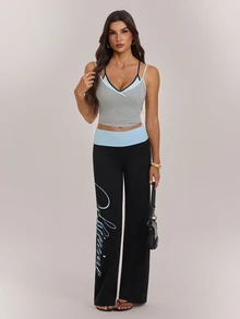 SHEIN Tall بنطلون طويل للنساء بطباعة حروف وألوان مناسب للمواعدة والعطلات والحفلات والشاطئ والرياضة والارتداء اليومي والتجمعات والأنشطة الخارجية والتنقل وأسلوب الشارع - الأسود - مشاهدة 3