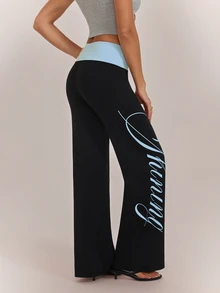 SHEIN Tall بنطلون طويل للنساء بطباعة حروف وألوان مناسب للمواعدة والعطلات والحفلات والشاطئ والرياضة والارتداء اليومي والتجمعات والأنشطة الخارجية والتنقل وأسلوب الشارع - الأسود - مشاهدة 2