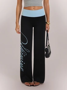 SHEIN Tall بنطلون طويل للنساء بطباعة حروف وألوان مناسب للمواعدة والعطلات والحفلات والشاطئ والرياضة والارتداء اليومي والتجمعات والأنشطة الخارجية والتنقل وأسلوب الشارع - الأسود - مشاهدة 7