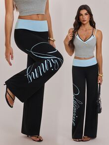 SHEIN Tall بنطلون طويل للنساء بطباعة حروف وألوان مناسب للمواعدة والعطلات والحفلات والشاطئ والرياضة والارتداء اليومي والتجمعات والأنشطة الخارجية والتنقل وأسلوب الشارع - الأسود - مشاهدة 4