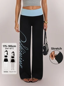 SHEIN Tall بنطلون طويل للنساء بطباعة حروف وألوان مناسب للمواعدة والعطلات والحفلات والشاطئ والرياضة والارتداء اليومي والتجمعات والأنشطة الخارجية والتنقل وأسلوب الشارع - الأسود - مشاهدة 1