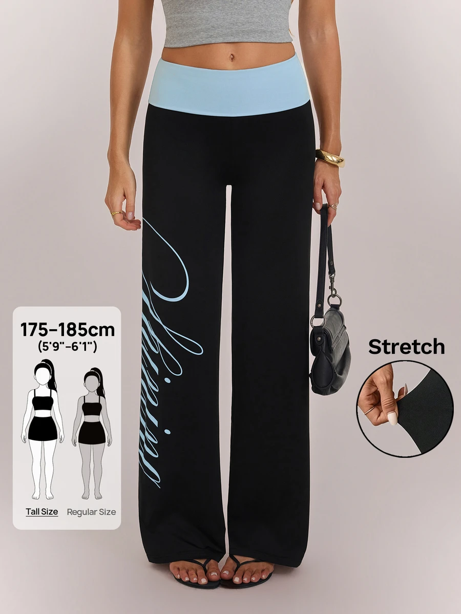 SHEIN Tall بنطلون طويل للنساء بطباعة حروف وألوان مناسب للمواعدة والعطلات والحفلات والشاطئ والرياضة والارتداء اليومي والتجمعات والأنشطة الخارجية والتنقل وأسلوب الشارع - الأسود - مشاهدة 1