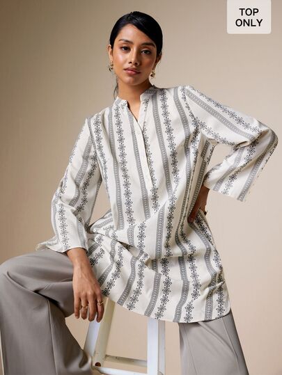 LOTSLUV Damen Creme Grau Blumen Streifen strukturiert locker Hemd, Stehkragen, halbe Ärmel, geknöpft, westlich elegant, Diwali, Urlaub, Festival, elegante Bluse