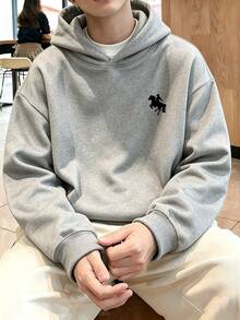 Chillumni Men's Grey & Black Horse Logo Print Hoodie, Casual Fashion Versatile Pattern Hoodie - Grey - View 1