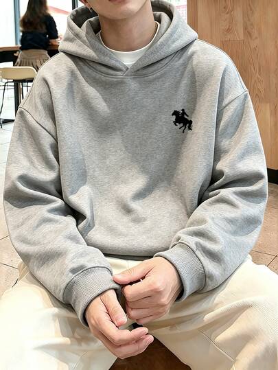 Chillumni Men's Grey & Black Horse Logo Print Hoodie, Casual Fashion Versatile Pattern Hoodie