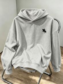 Chillumni Men's Grey & Black Horse Logo Print Hoodie, Casual Fashion Versatile Pattern Hoodie - Grey - View 3