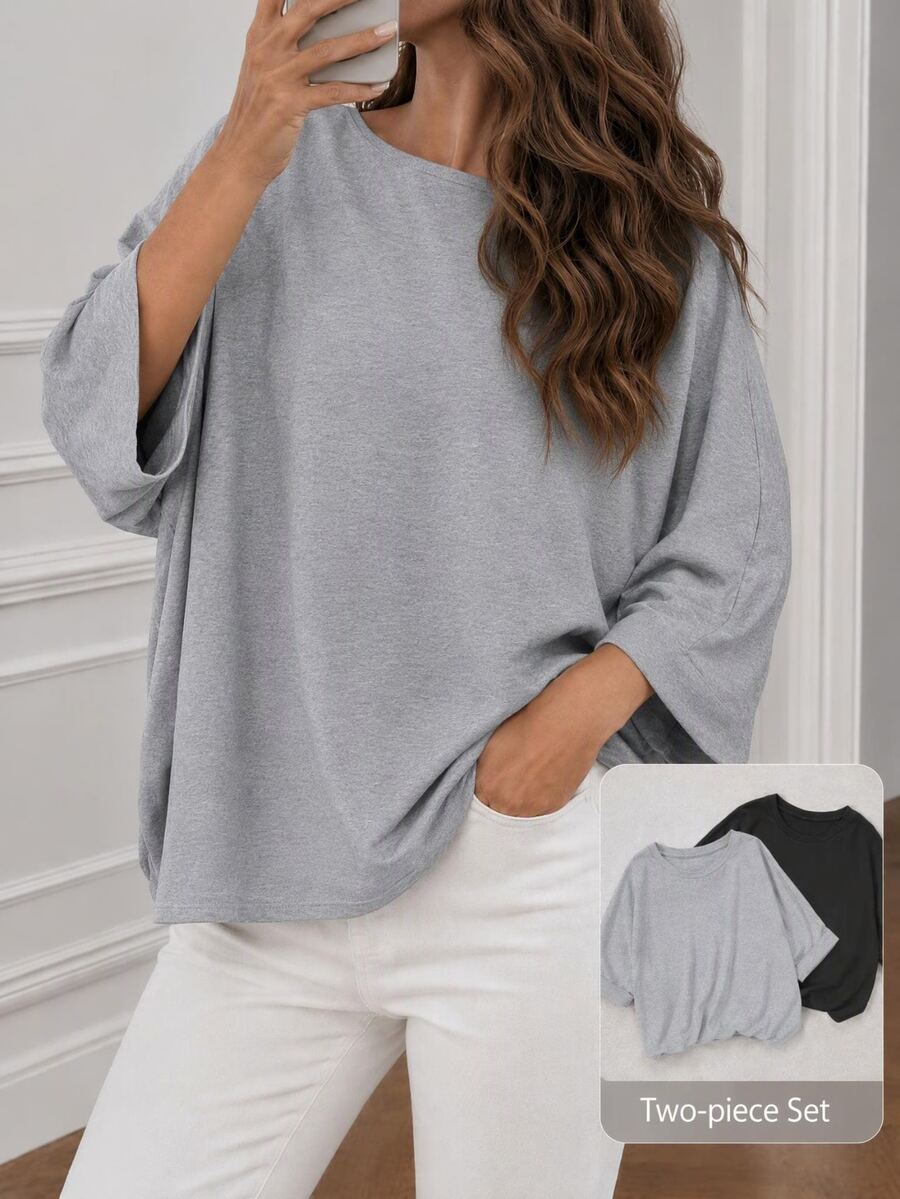 SHEIN LUNE Casual Minimalist Basic Women T-Shirt, Suitable For Autumn/Winter Long Sleeve Tops Oversized Shirt Packs 2 Plus Size