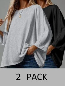SHEIN LUNE Casual Minimalist Basic Women T-Shirt, Suitable For Autumn/Winter Long Sleeve Tops Oversized Shirt Packs 2 Plus Size - Multicolor - View 3
