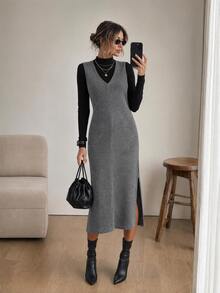 Easowa Women's Casual Solid Color Woolen Sleeveless V-Neck Split Midi Dress, For Autumn/Winter Daily Wear Office Charcoal Gray - Dark Grey - View 1