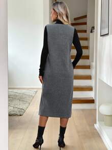Easowa Women's Casual Solid Color Woolen Sleeveless V-Neck Split Midi Dress, For Autumn/Winter Daily Wear Office Charcoal Gray - Dark Grey - View 3