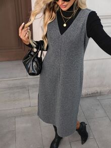 Easowa Women's Casual Solid Color Woolen Sleeveless V-Neck Split Midi Dress, For Autumn/Winter Daily Wear Office Charcoal Gray - Dark Grey - View 7