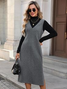 Easowa Women's Casual Solid Color Woolen Sleeveless V-Neck Split Midi Dress, For Autumn/Winter Daily Wear Office Charcoal Gray - Dark Grey - View 4