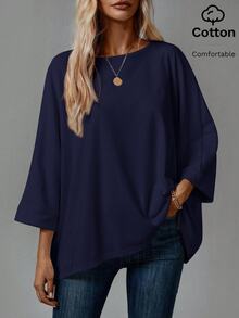 Easowa 2pcs Women's Solid Color Casual Versatile Daily Long Sleeve T-Shirts Everyday Home White Navy Blue Autumn - Navy Blue - View 6