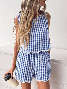 Easowa Women's Casual Black & White Plaid Ruffled Embroidered Floral Trim Sleeveless Top & Shorts 2 Pieces Set, Suitable For Summer Vacation,Summer - Blue and White - View 6