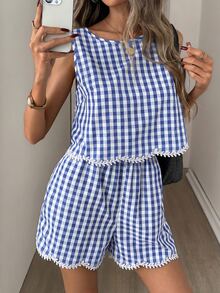 Easowa Women's Casual Black & White Plaid Ruffled Embroidered Floral Trim Sleeveless Top & Shorts 2 Pieces Set, Suitable For Summer Vacation,Summer - Blue and White - View 5