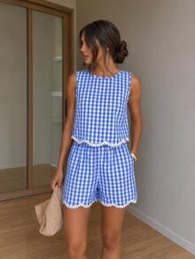 Easowa Women's Casual Black & White Plaid Ruffled Embroidered Floral Trim Sleeveless Top & Shorts 2 Pieces Set, Suitable For Summer Vacation,Summer - Blue and White - View 1