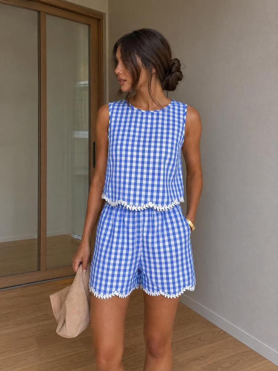 Easowa Women's Casual Black & White Plaid Ruffled Embroidered Floral Trim Sleeveless Top & Shorts 2 Pieces Set, Suitable For Summer Vacation,Summer - Blue and White - View 1